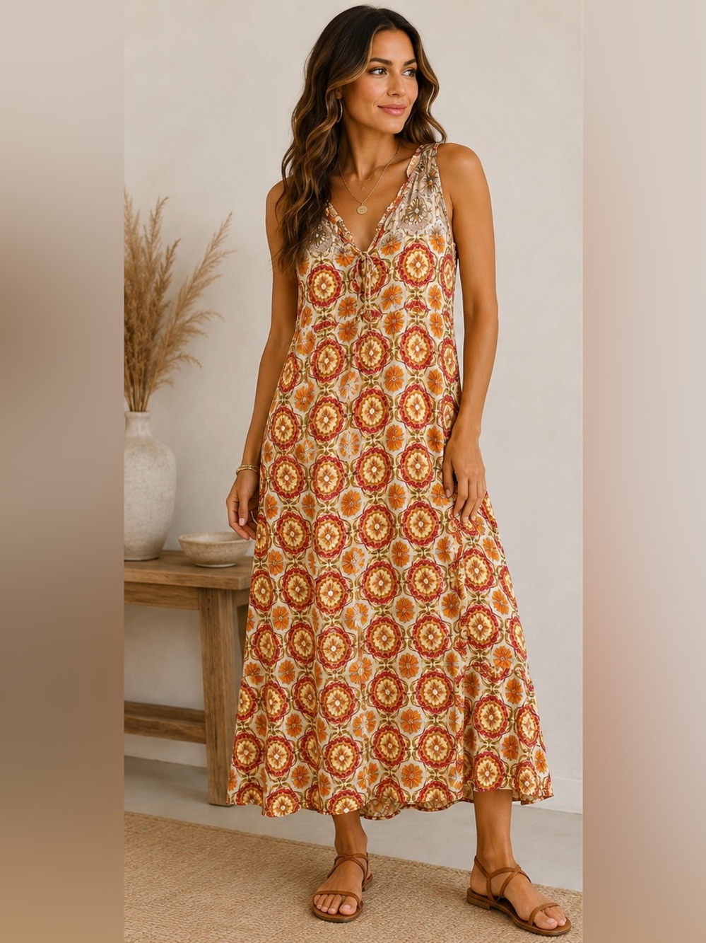 Kindred Boho Medallion Print Maxi Dress Sleeveless Tie Sundress  Resort Vacation
